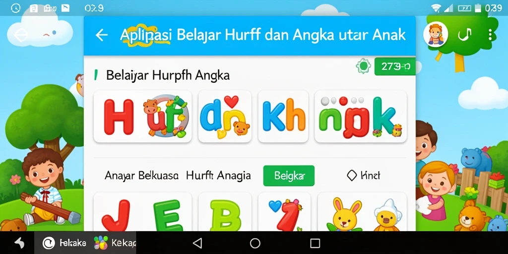 Tampilan antarmuka aplikasi Belajar Huruf Angka yang menarik dan interaktif.