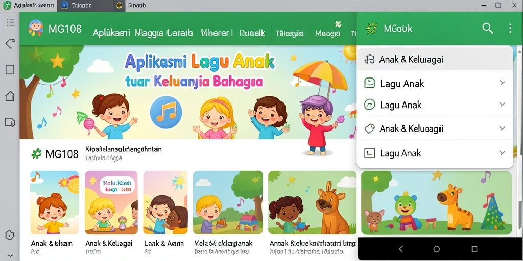 Antarmuka aplikasi MG108 dengan berbagai lagu ceria untuk anak-anak.